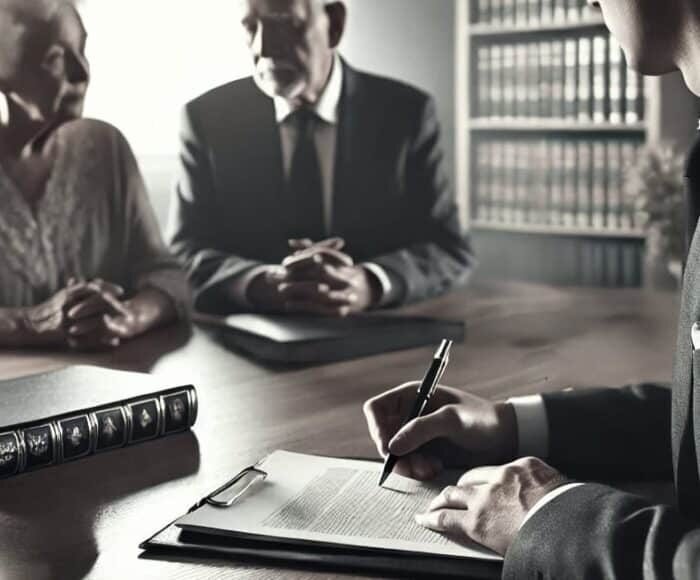 Yaşlı müvekkiller ile miras hukuku hakkında görüşen miras avukatı