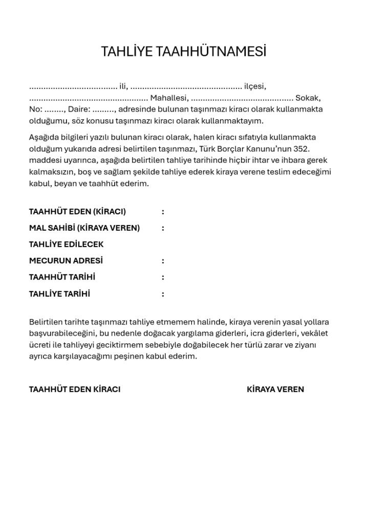 Tahliye Taahhütnamesi Örneği Görseli